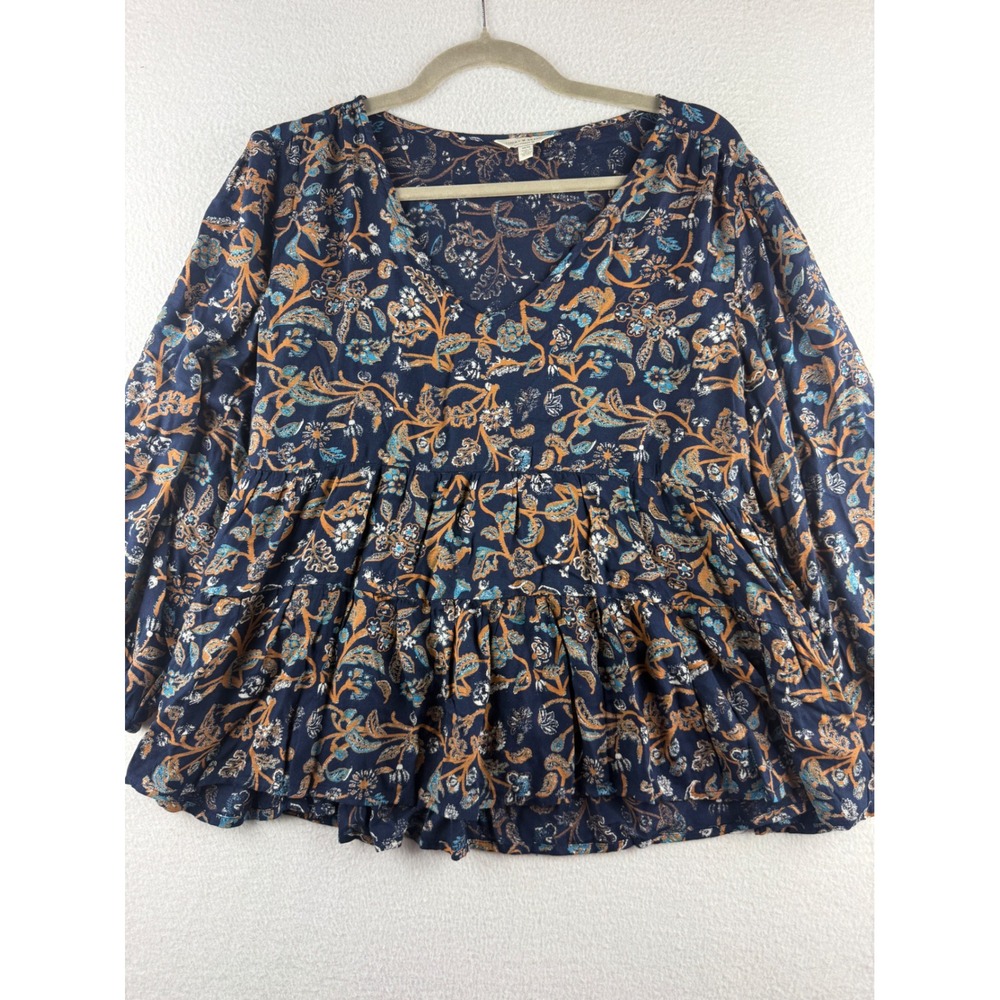 Lucky Brand Womens Navy Blue Floral V-Neck Tiered Ruffle Peplum Blouse Medium